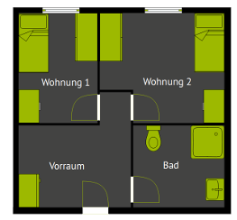 Grundriss eines typischen 2-Zimmer-Apartments mit gemeinsamem Bad